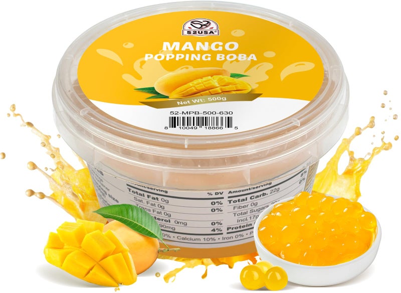 52USA Mango Popping Boba (500g), Popping Pearls for Bubble Tea, Beverages, Sweets, Ice Cream, Shakes, Desserts & Smoothies Topping, 1.1 Pound (Pack of 1) - Image 1